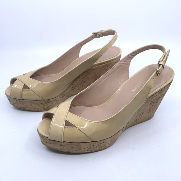 Stuart Weitzman Shoes - Stuart Weitzman Size 6.5M Adobe Nude Wedge Sandal Cork Peep Toe Slingback Patent
